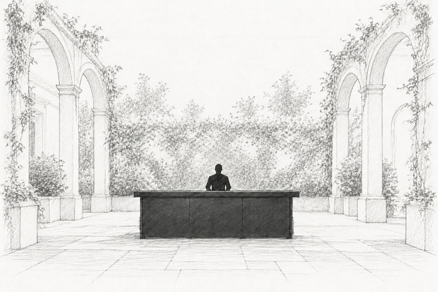 Pencil sketch of the Maison Zlato bar set in an arcaded courtyard, a mixologist behind the counter